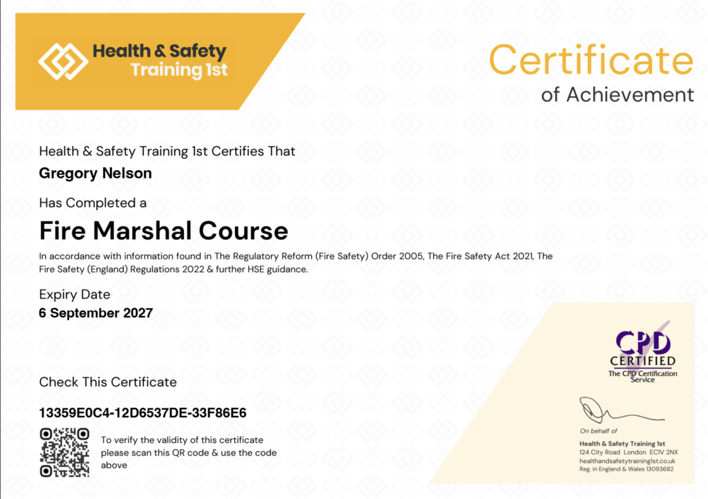 Fire marshal Certificate.