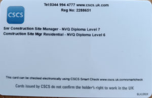 Back of black card showing level 7&6 NVQ