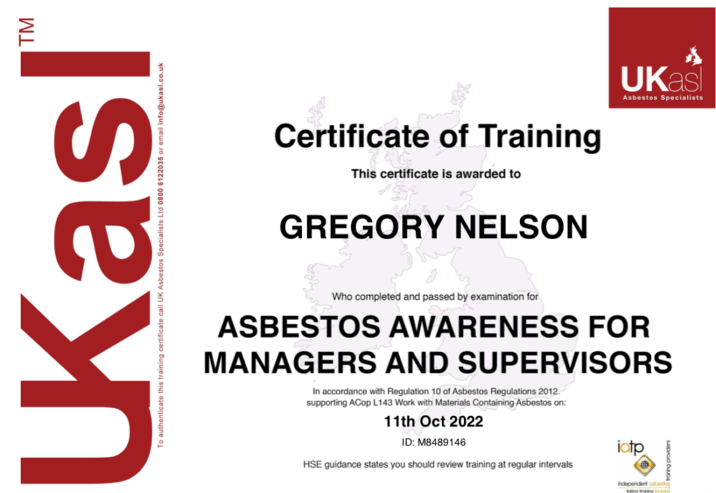 Asbestos awareness certificate for mangers and site supervisors
