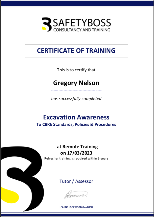 Excavation awareness Training CBRE
